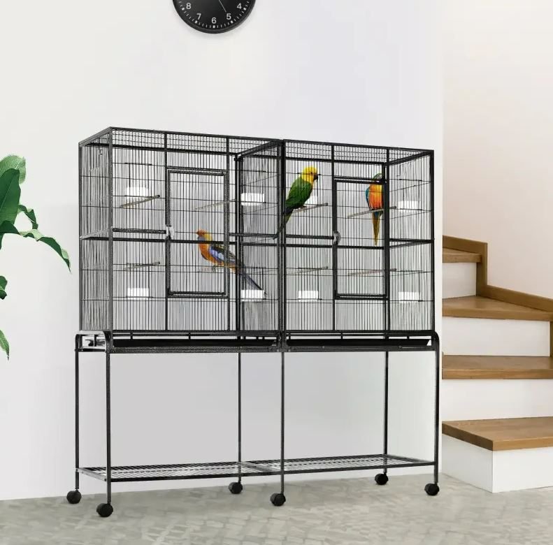 PawHut 65-in Double Rolling Metal Bird Cage， Black and Gray