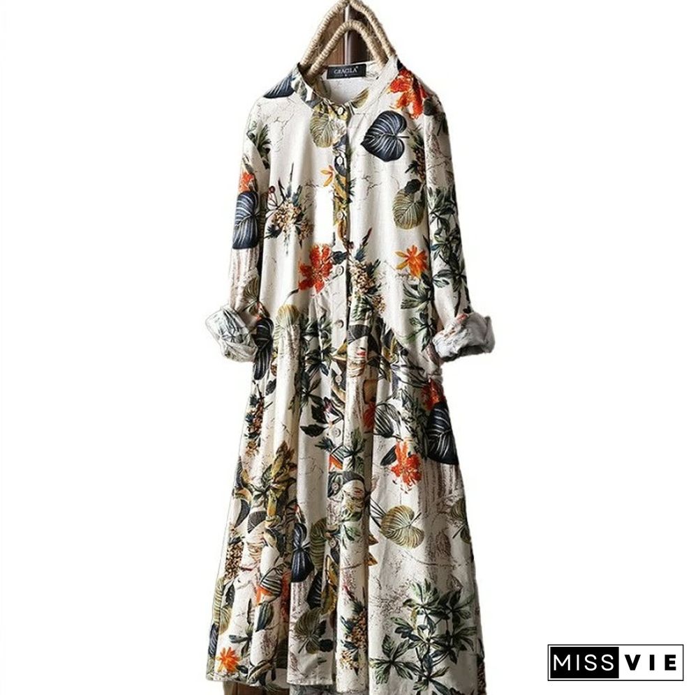 Fashion Flower Print Round Neck Long Sleeve Casual Maxi Dress