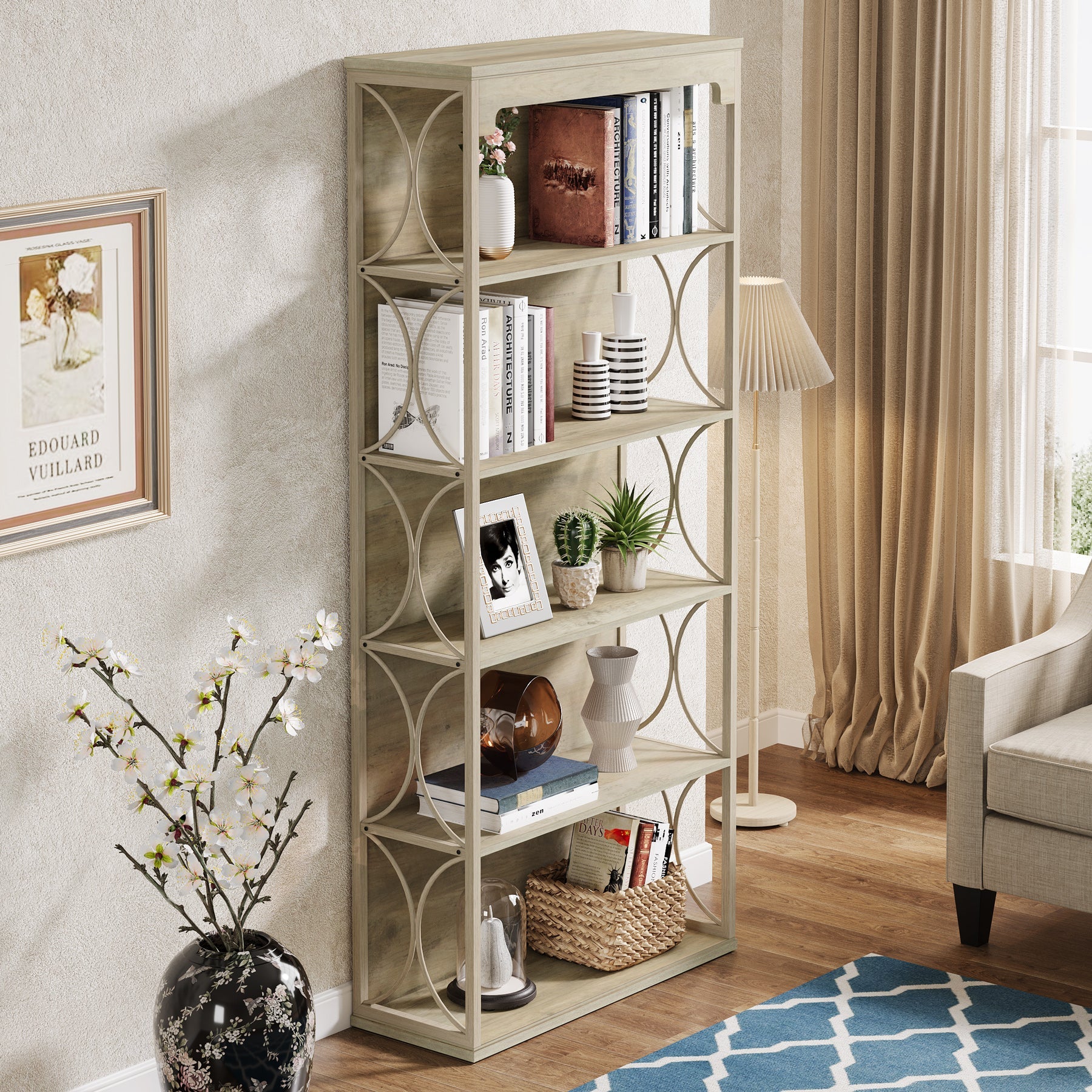 70.8 Bookshelf, 5-Tier Wood Bookcase Etagere Display Shelf