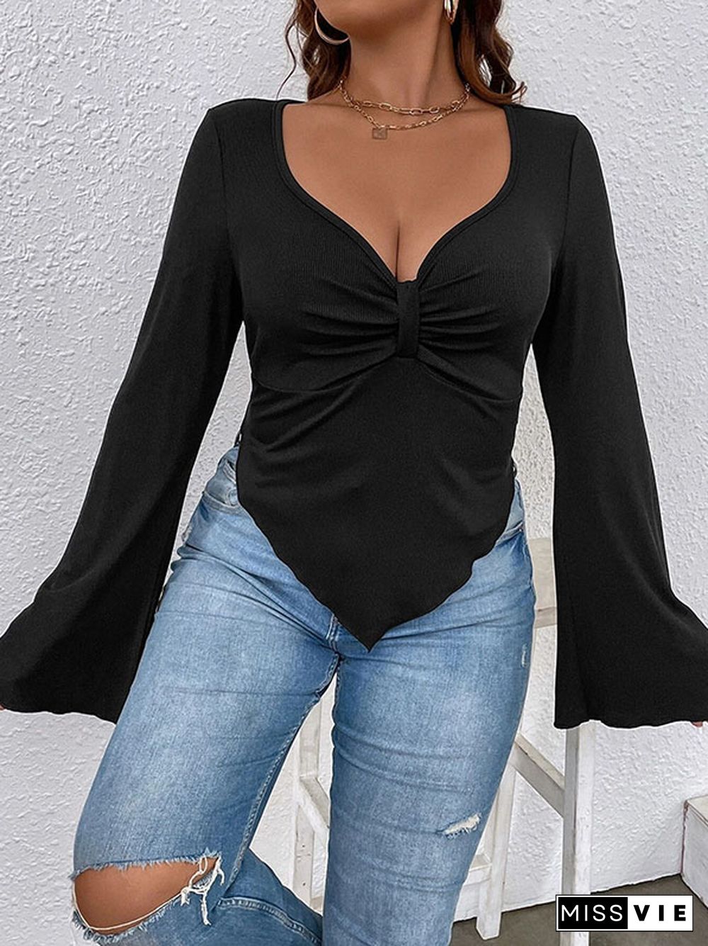 Flared Sleeves Long Sleeves Pleated Solid Color Deep V-Neck Skinny T-Shirts Tops