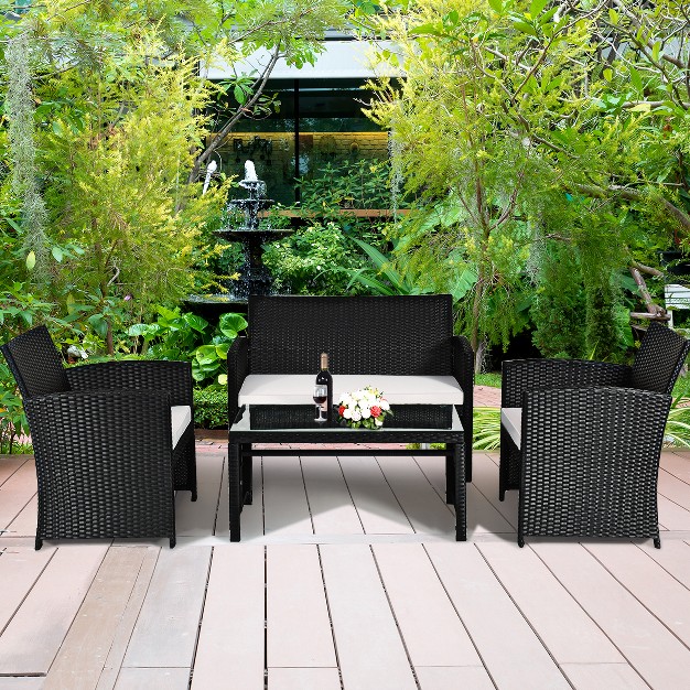 Tangkula 4 Piece Outdoor Patio Rattan Furniture Set Black Wicker Cushioned Seat For Garden Porch Lawn