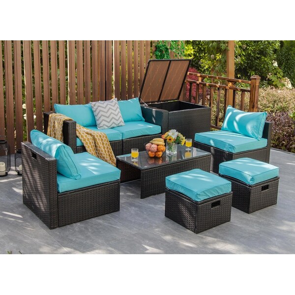 Costway 8PCS Patio Rattan Furniture Set SpaceSaving Storage Cushion