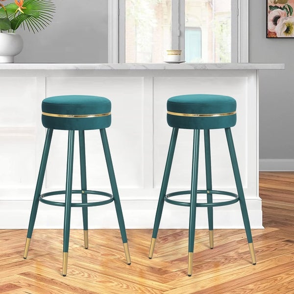 Adeco Velvet Bar Stools， Set of 2 Round Upholstered Breakfast Stools Footrest - 20.5