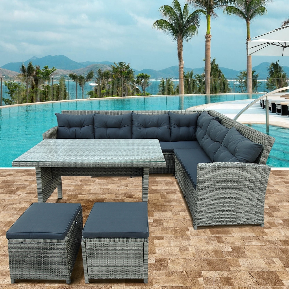 Patio 6 piece Outdoor Sectional Sofa with Glass Table Set