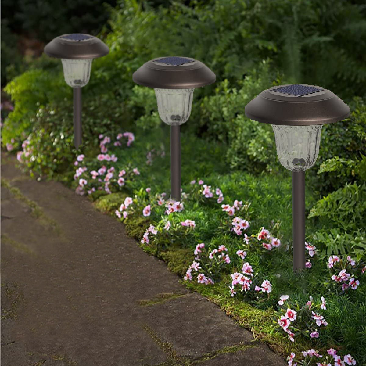 GIGALUMI 4 Pcs Solar LED Path Lights， Bronze Automatic Led for Patio， Lawn and Garden (Warm White)