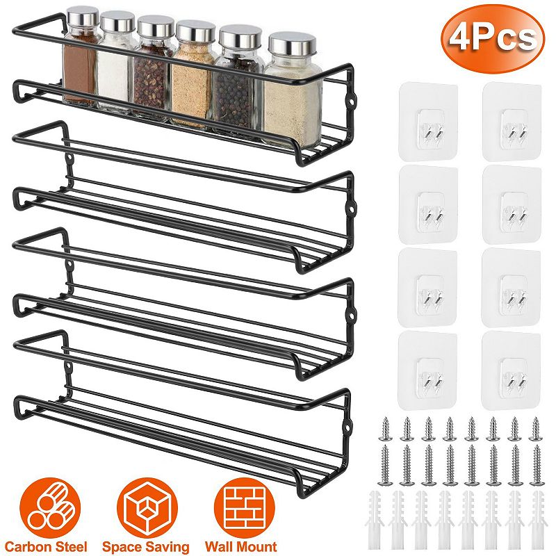 Carbon Steel Wall-mounted Spice Rack - Seasoning Herb Jar Holder and Organizer - Easy Installation Set of 4