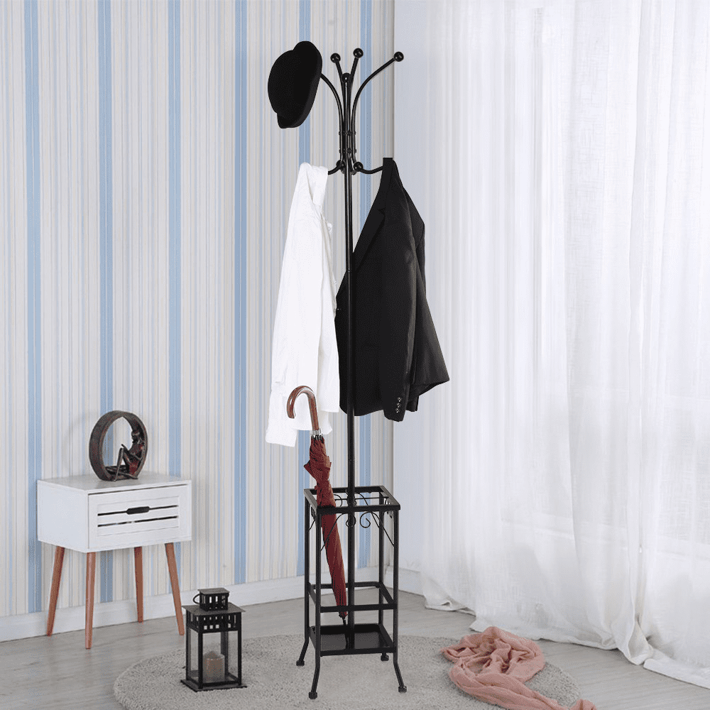 Yaheetech Metal Standing Coat Hat Rack with Umbrella Holder Coat Tree Hanger 8 Hook Solid Base