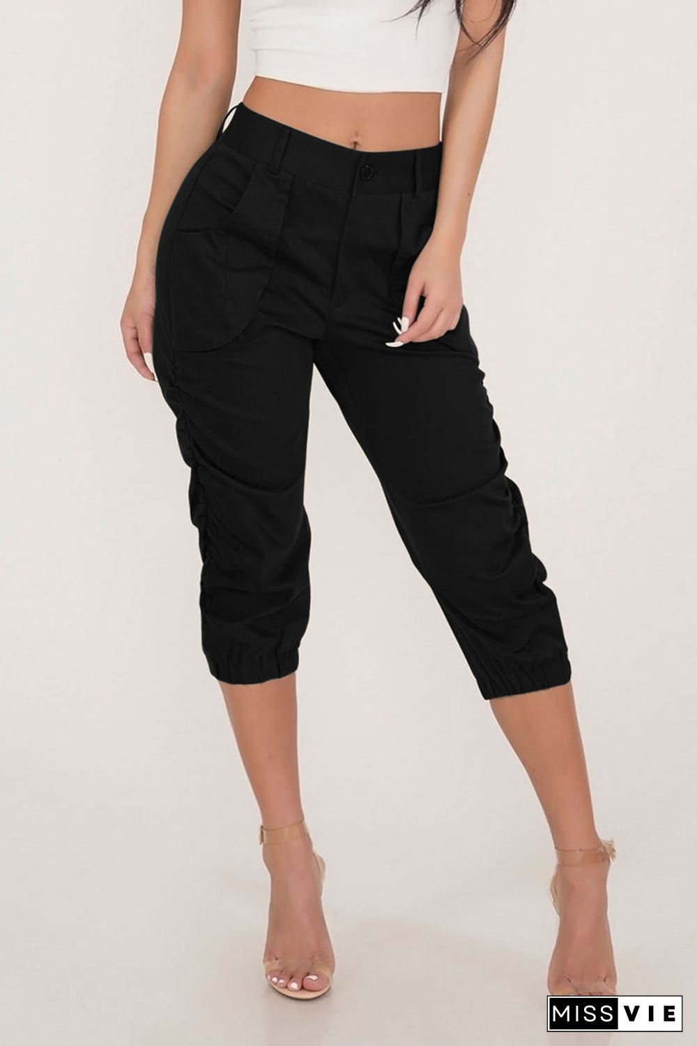 Solid Color Pocket High Waist Pants