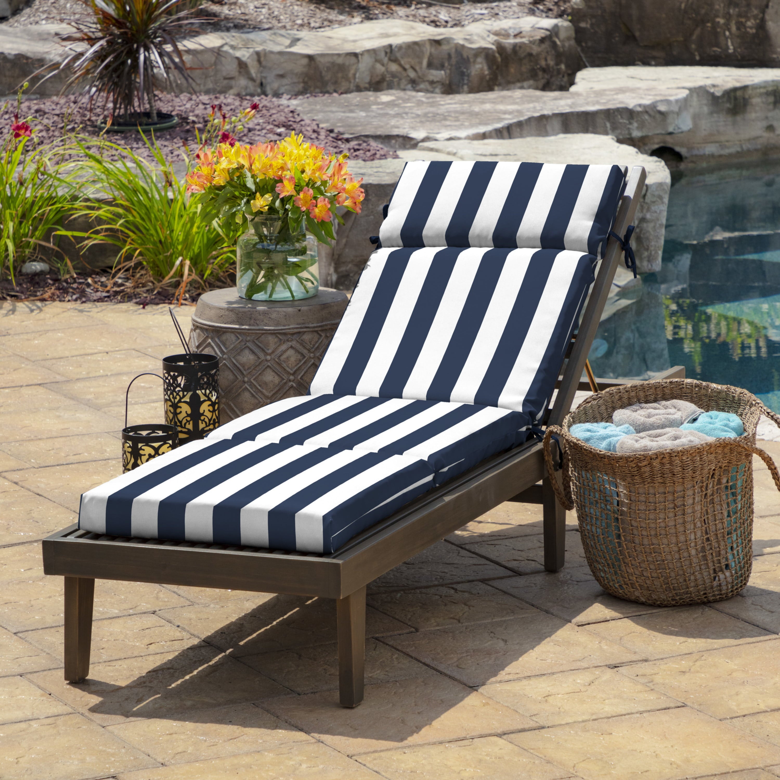 Arden Selections Outdoor Chaise Lounge Cushion 72 x 21， Sapphire Blue Cabana Stripe