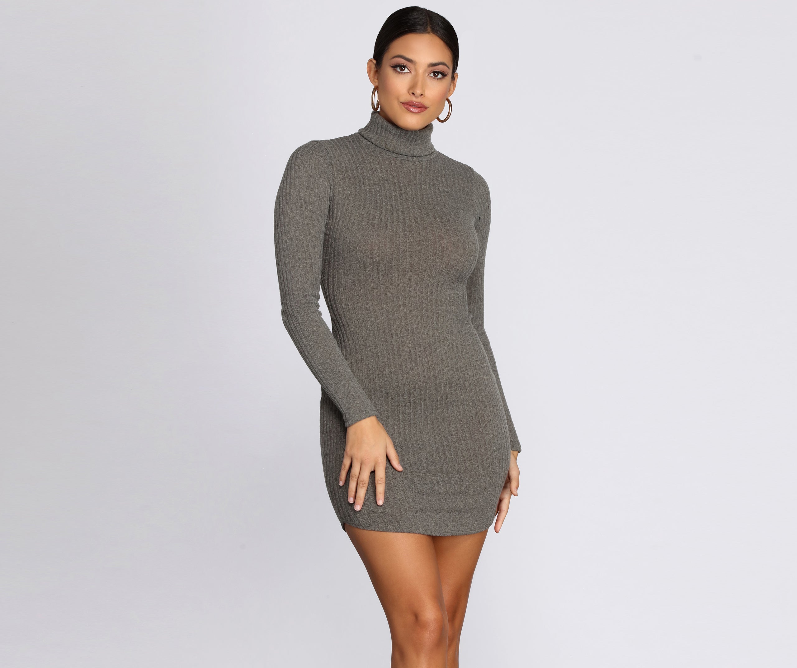 Turtleneck Long Sleeve Ribbed Knit Mini Dress