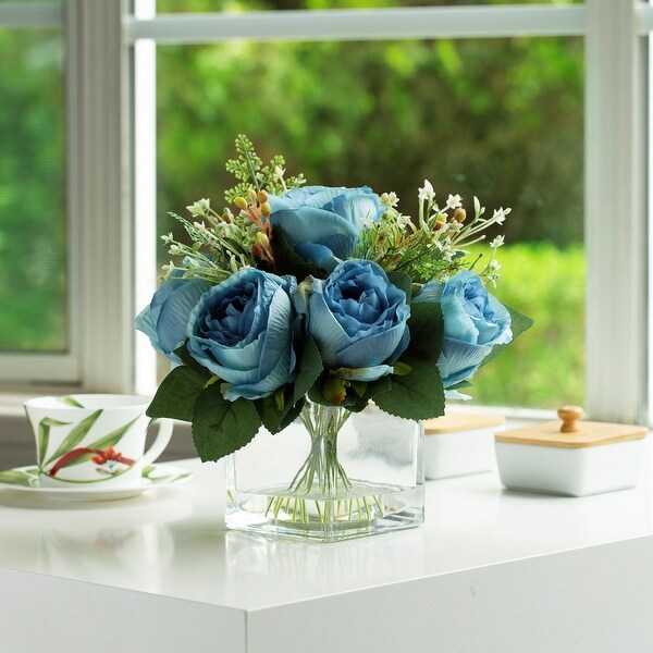 Mixed Peony Artificial Flowers in Vase with Faux Water，Silk Flower Arrangements in Vase for Home Decor，Wedding Table