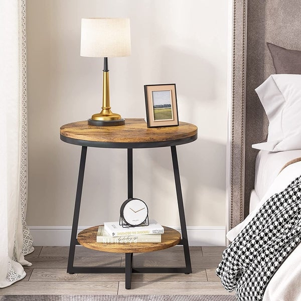 2 Tier Industrial Round Side End Table with Storage Living Room