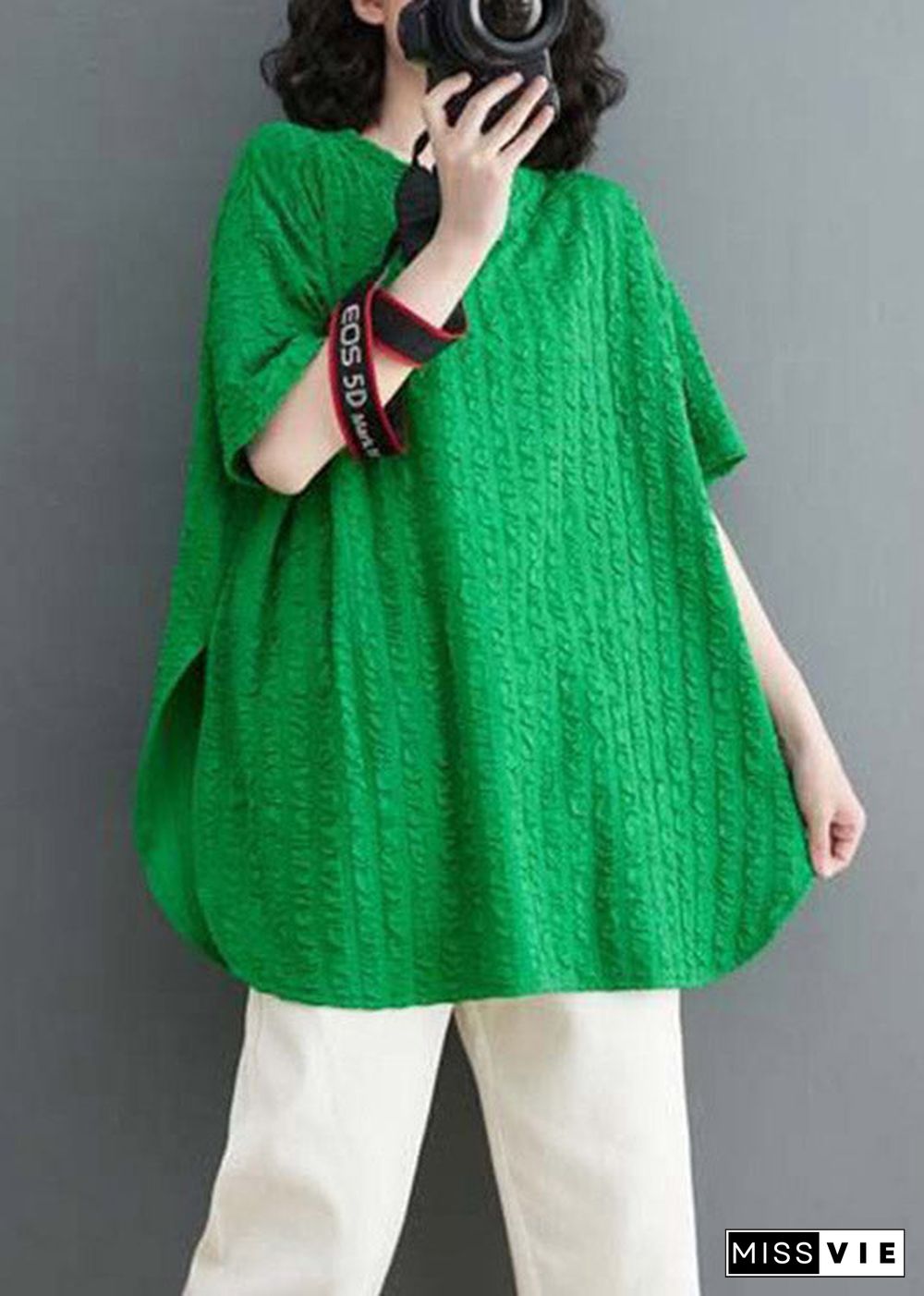 Plus Size Green O-Neck Wrinkled Cotton Top Short Sleeve