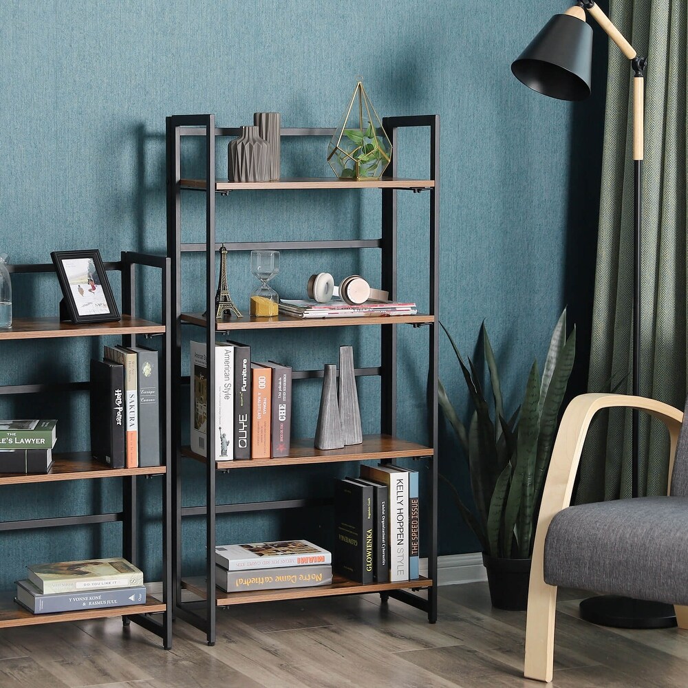 Industrial Bookshelf  Folding Bookcase  4 Tier Ladder Shelf  Wood Look Accent Furniture with Metal Frame