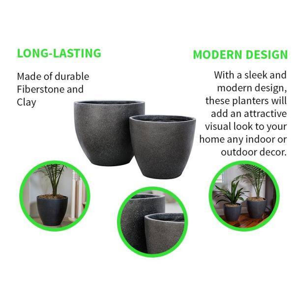 XBRAND 14 in. Tall and 12 in. Tall Black Modern Nested Round Flower Concrete Pot Planter (Set of 2 Different Sizes) PL1515BK