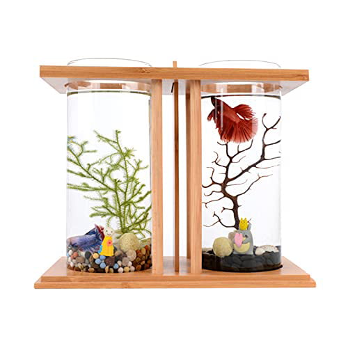 Oukaning Mini Fish Tank With Led Light Wooden Base Creative Double Glass Diy Aquarium