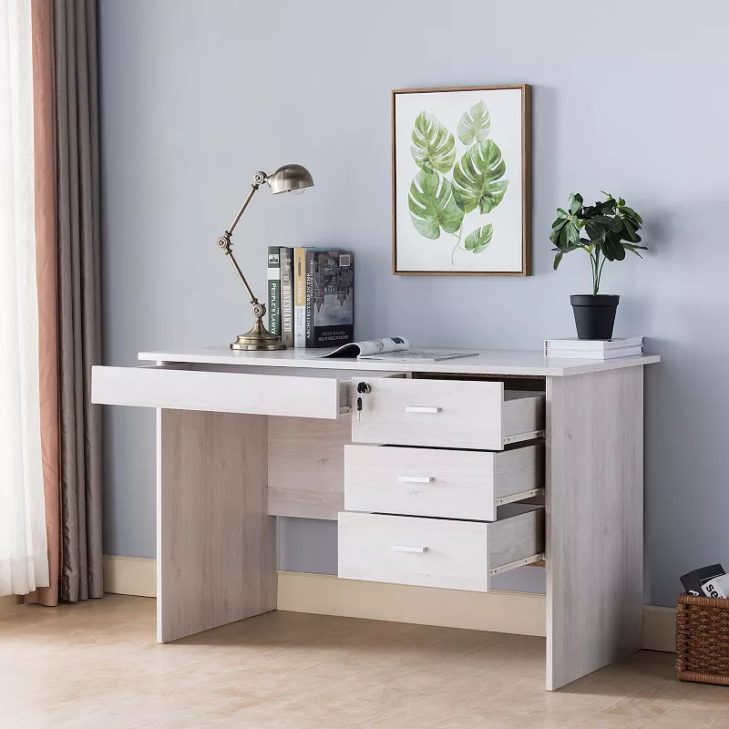 FC Design White Oak Home Office Computer Desk with 3 Lockable Drawers