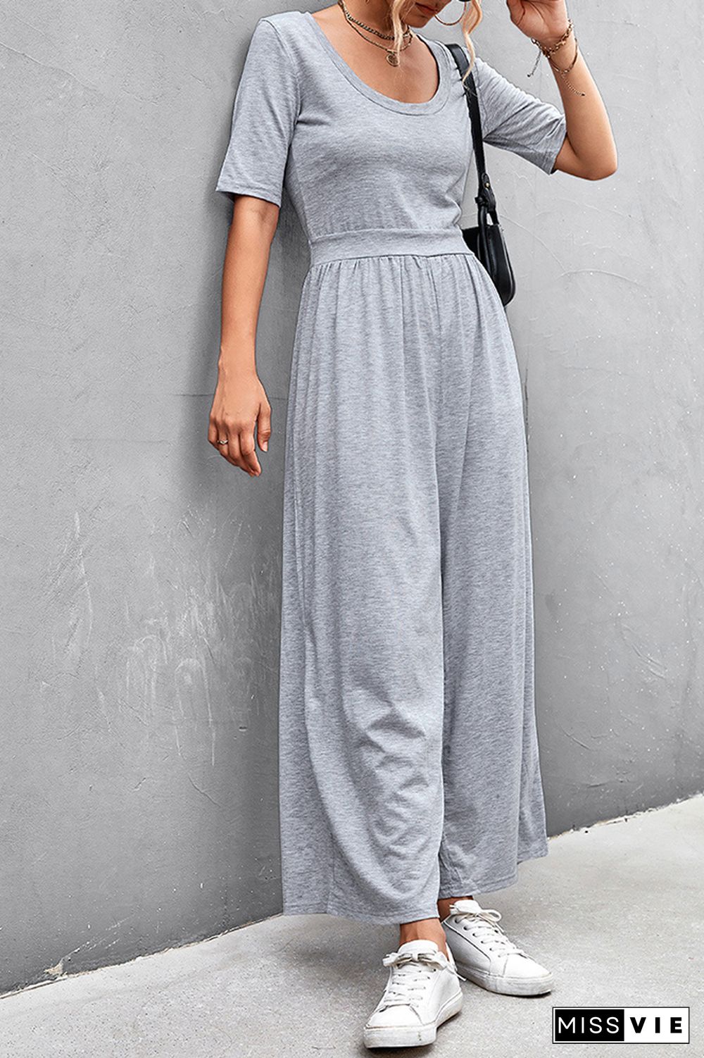 Solid Color Short Sleeve Wide Leg Jumpsuit Wholesale