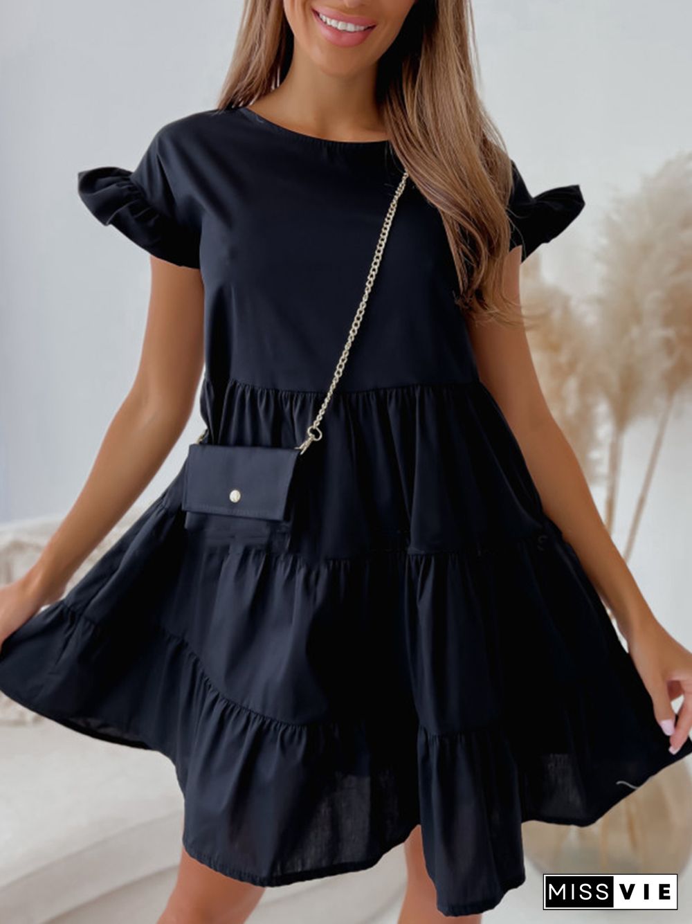 Fashion Simple Ruffles Loose Hem Dress Elegant Casual Solid Pleated A-Line Dress New Summer O Neck Short Sleeve Mini Party Dress