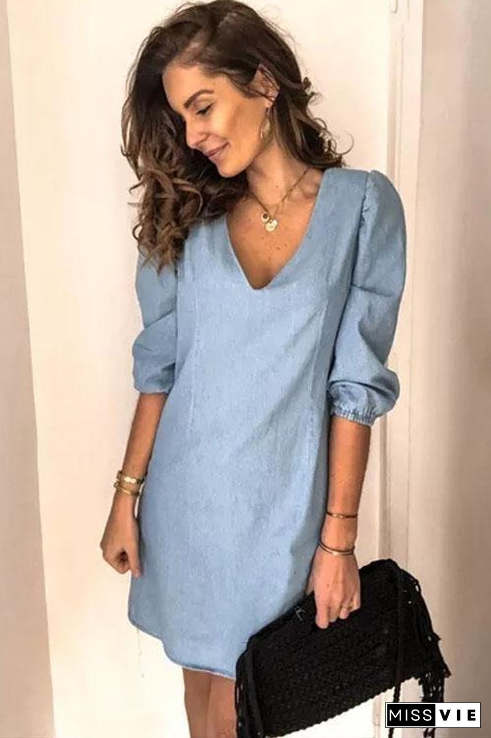 Puff Sleeve Simple Denim Dress