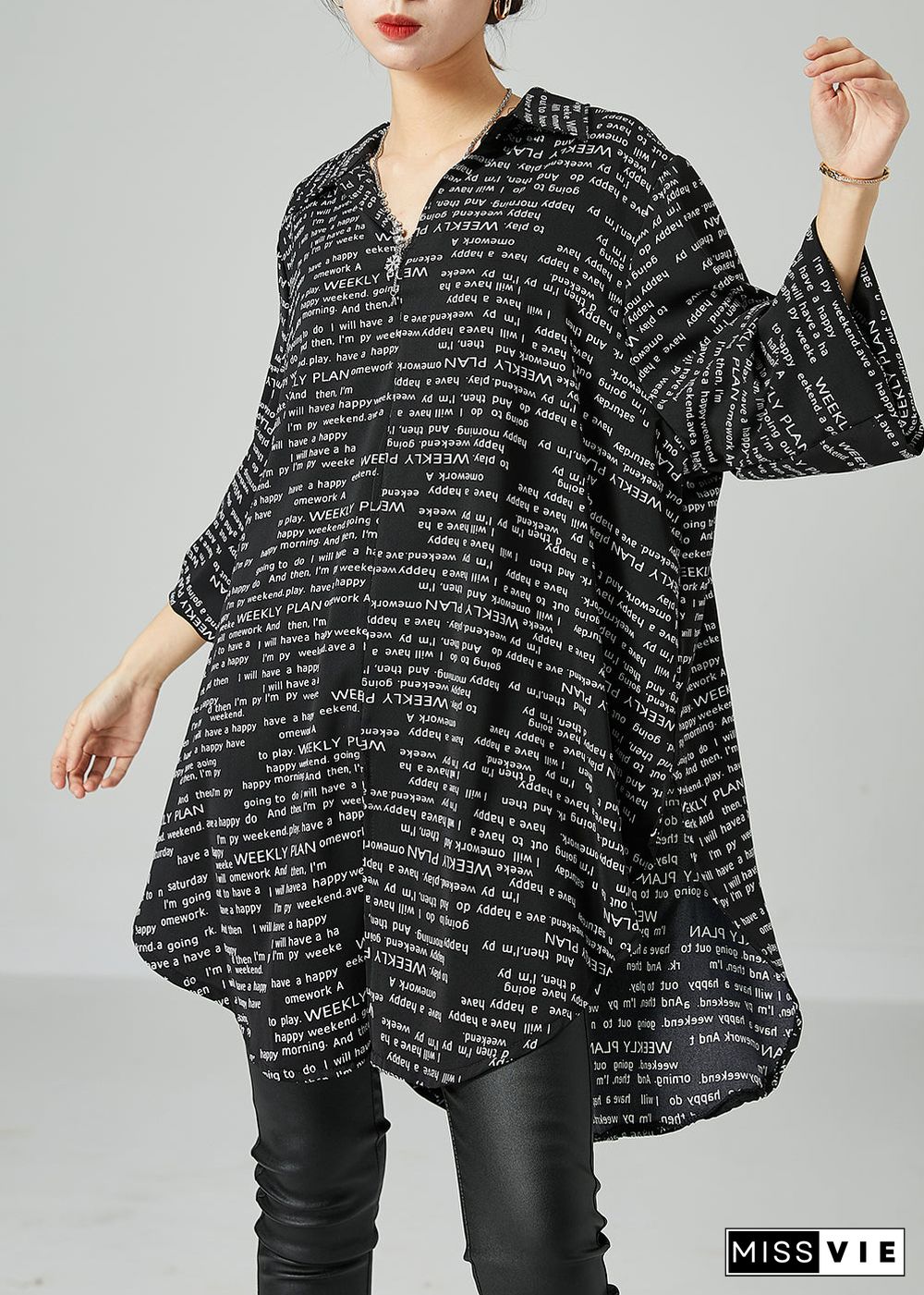 French Black Oversized Letter Print Chiffon Shirt Dress Spring