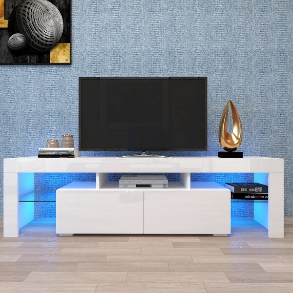 63''L Remote Control RGB LED Lights White TV Stand with 2 Storage Drawers， 3 Wood Shelf and 2 Side Glass Shelf (up to 70'')