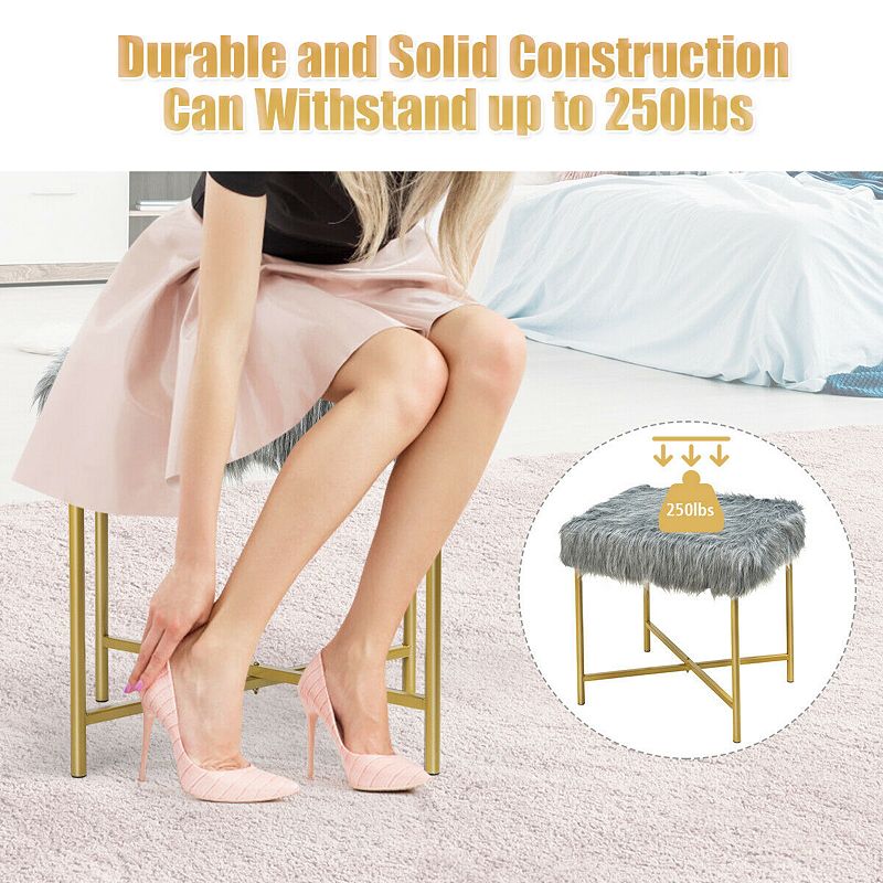 Luxurious Faux Fur Covered Footrest Stool with Gold Metal Base