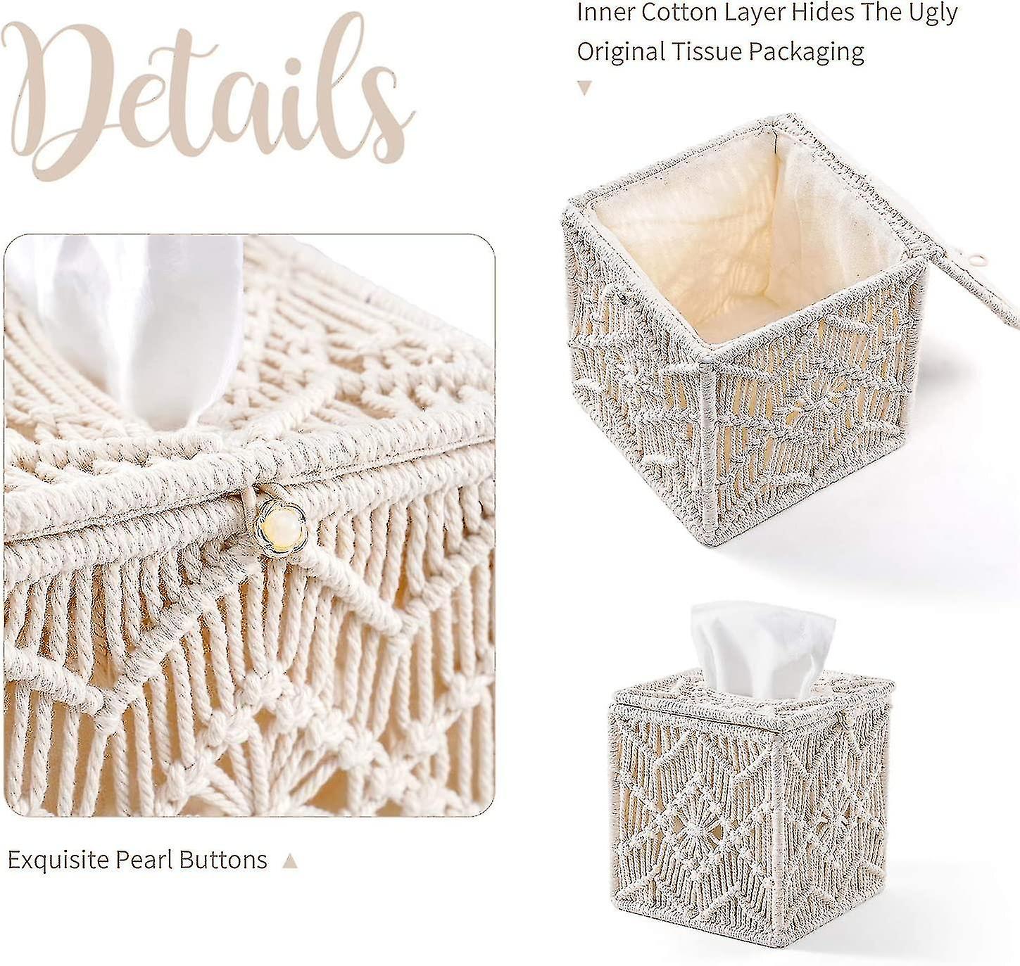 13.9 X 13.9 X 15.2 Cm. Square Paper Tissue Box With Macrame Bead Loop For Bathroom， Dresser， Living