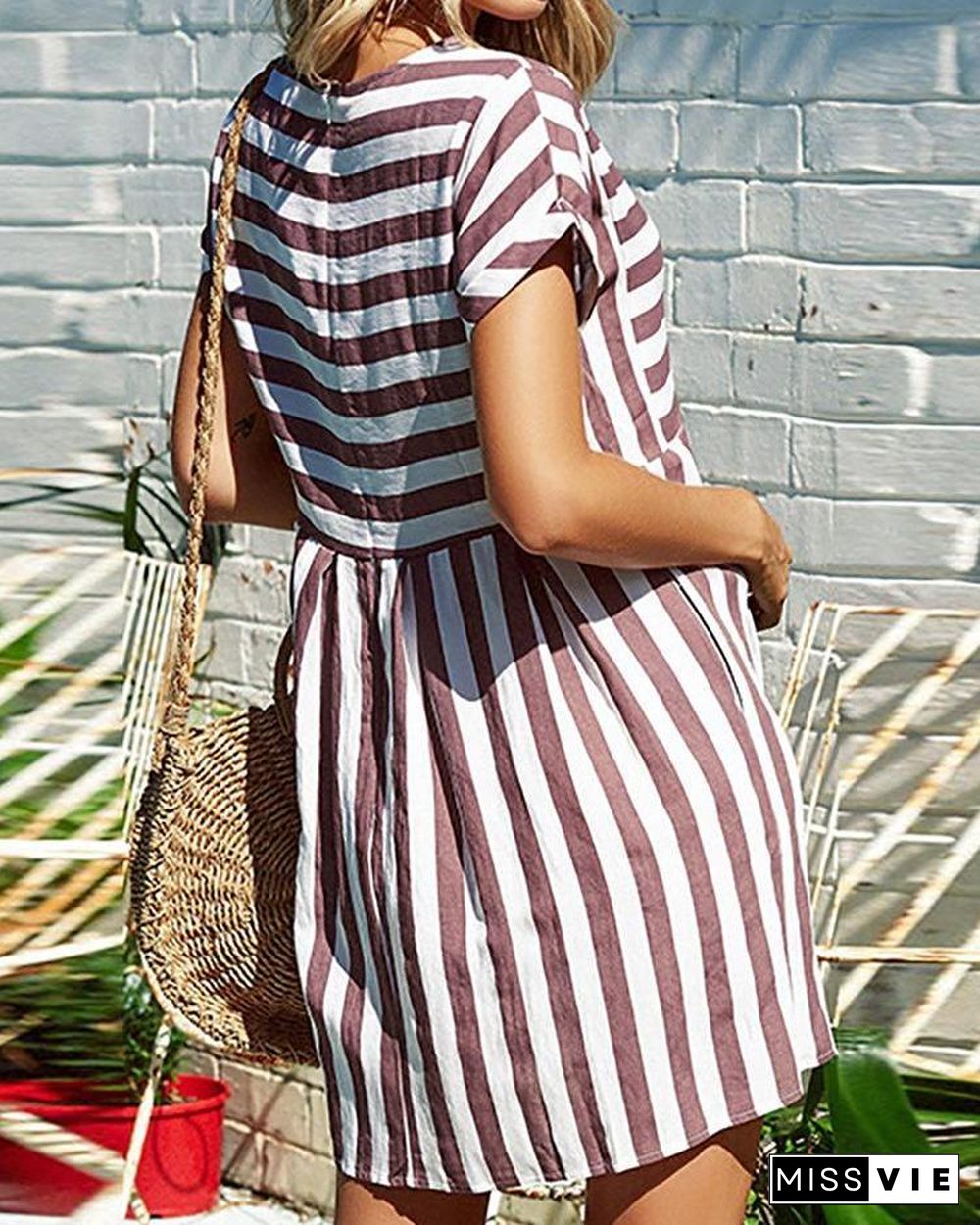 Striped Short Sleeve Casual Tunic Dress P15597