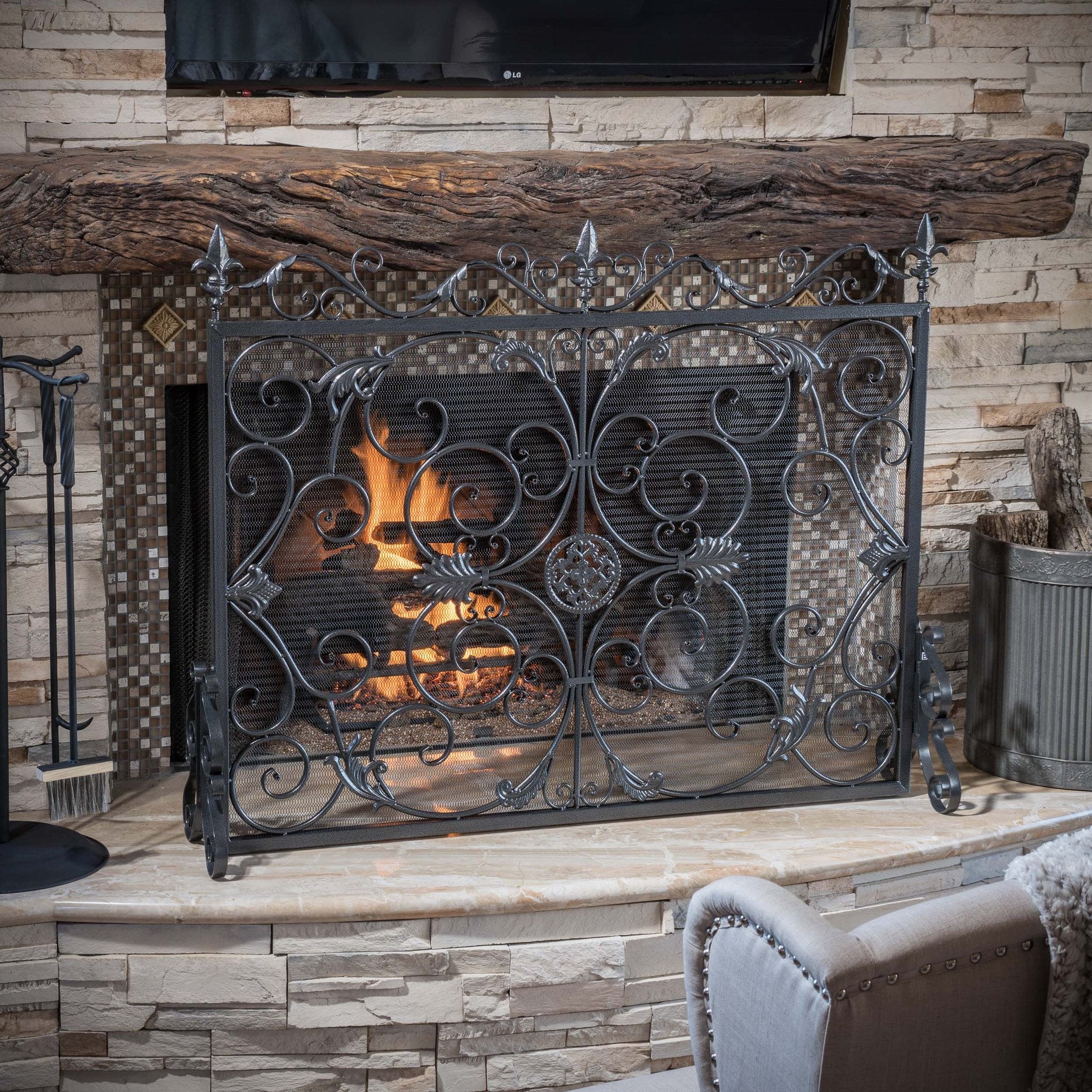 Darcie Black Brushed Silver Finish Wrought Iron Fireplace Screen