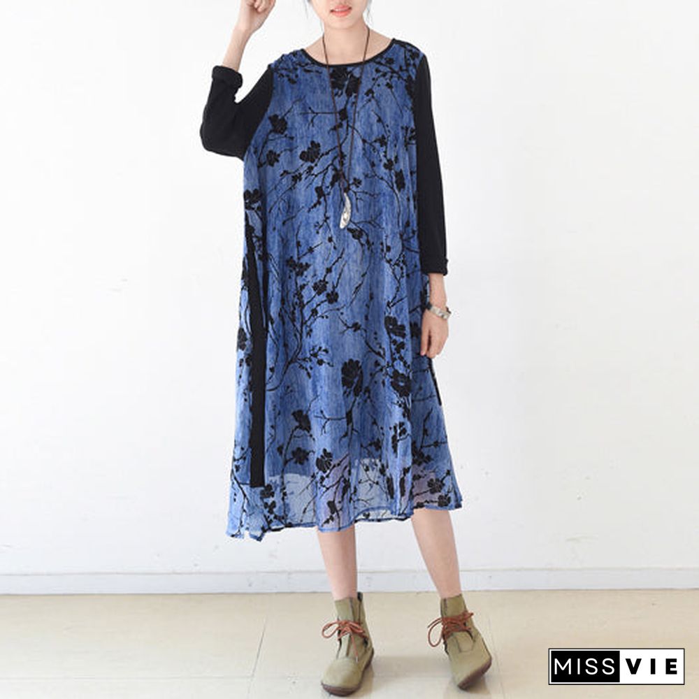 royal blue spring dresses plum flowers print chiffon dress long maxi dresses layered