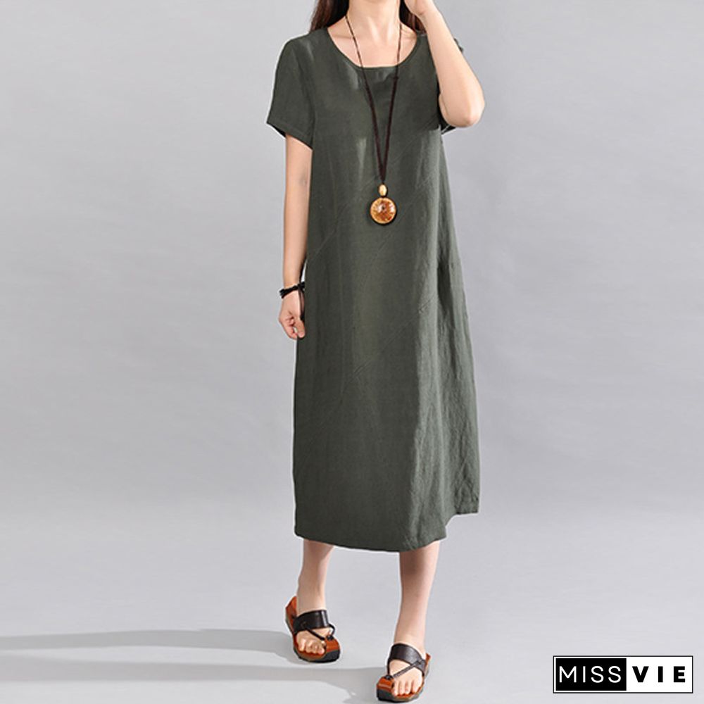 Women's New Literary Loose Splicing Solid Color Cotton Linen Short-sleeved Dress