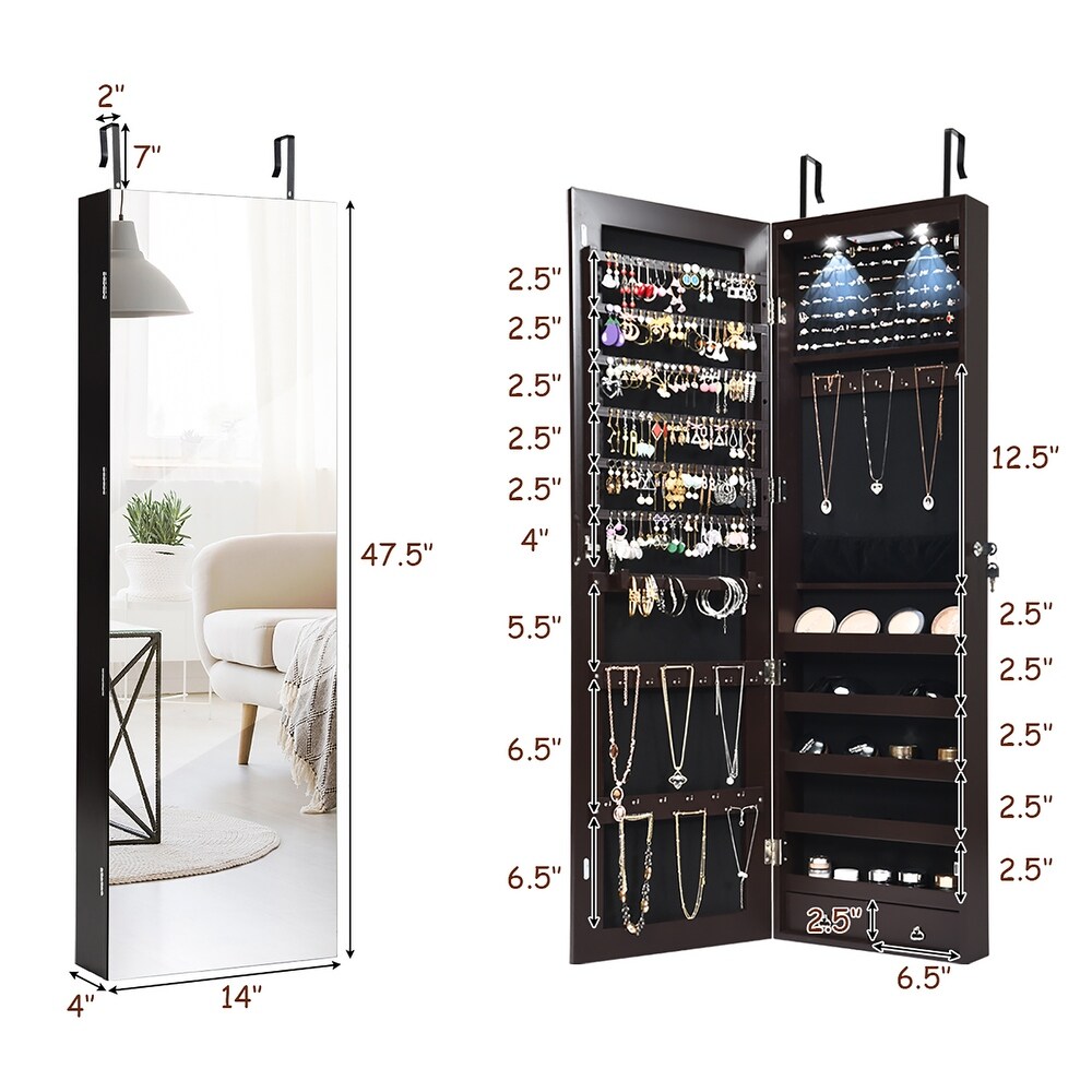 Costway Mirrored Jewelry Cabinet Jewelry Organizer w/2 LED Lights