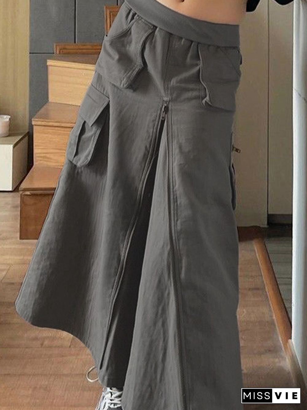 Multiple Pocket Zip Up Slit Cargo Midi Skirt