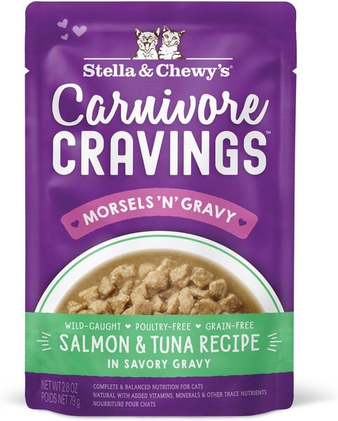 Stella and Chewy's Carnivore Cravings Morsels'N'Gravy Salmon and Tuna Recipe Cat Food， 2.8-oz pouch， case of 12