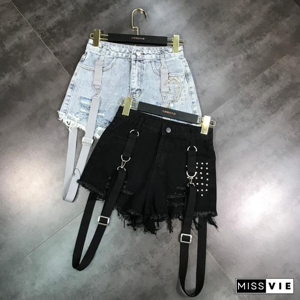 Women Denim Hot Pants Shorts Mini Jeans Rivet Removable Strap Tassels Gothic Punk Sexy