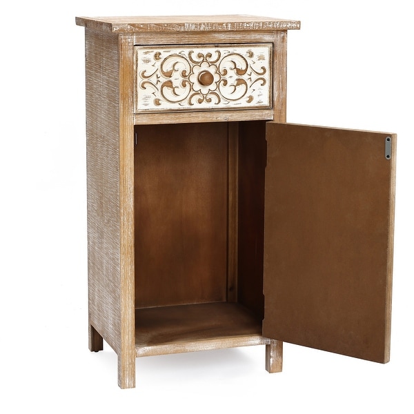 Distressed Floral Carved Wood 1-Door and 1-Drawer End Table with Storage - 30.13