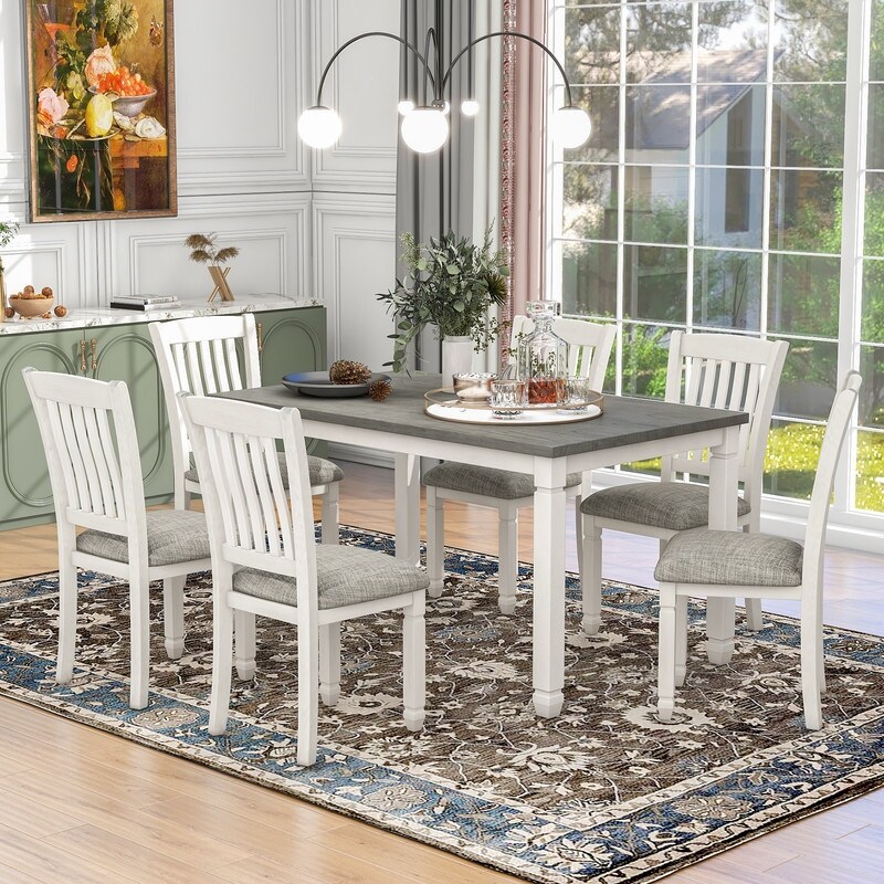 7 piece dining table  6 upholstered chairs  Simple style dining set for 6 people (grey and white)