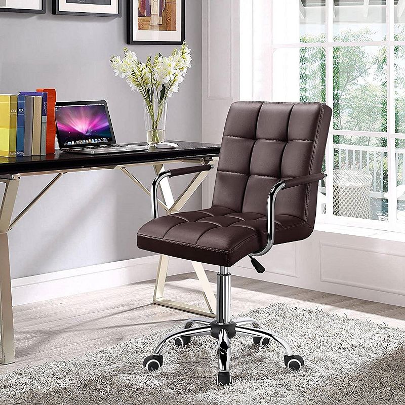 Modern Faux Leather Mid-back Swivel Office Chair With Armrests And Wheels