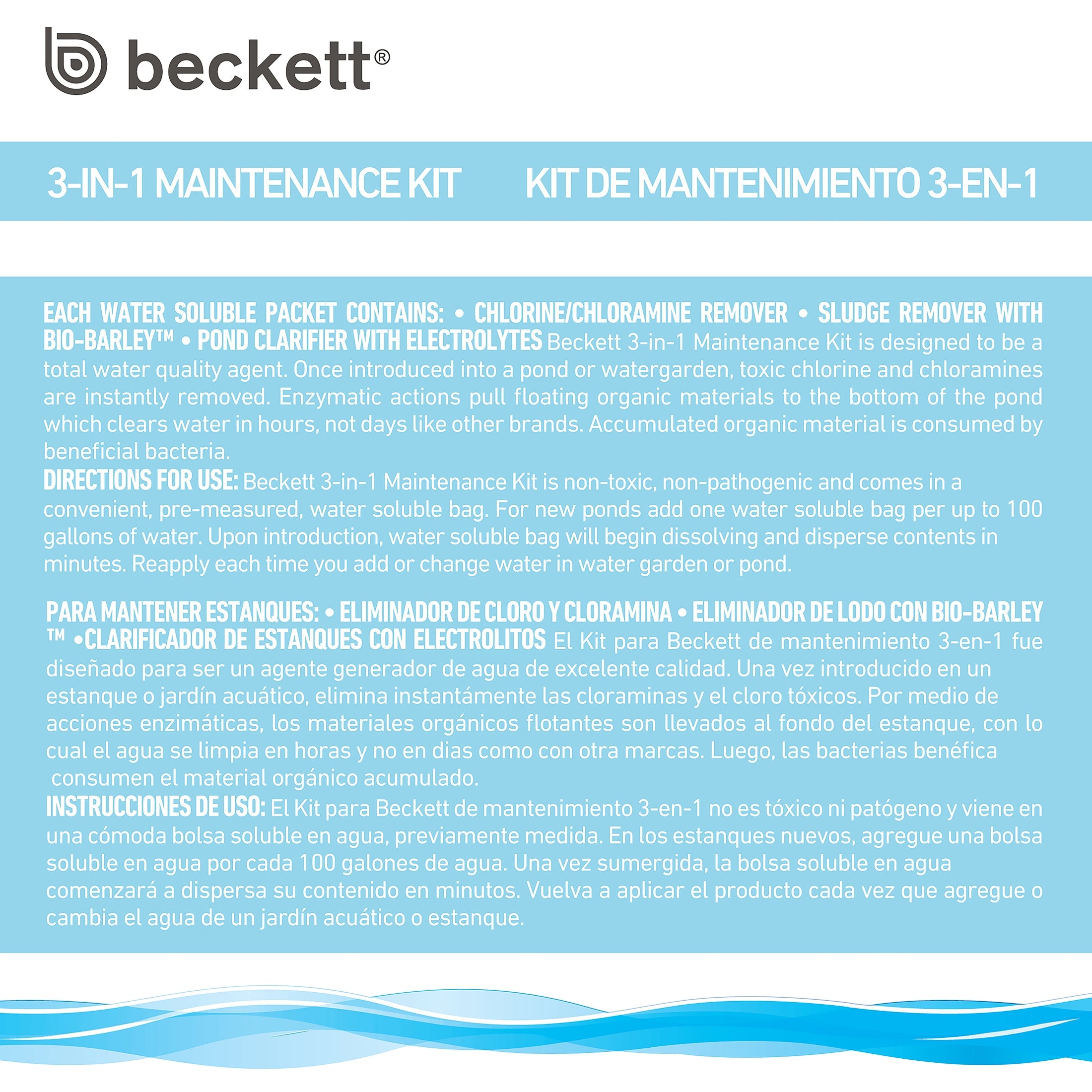 Beckett 3-in-1 Maintenance Kit For Clear, Clean Water In New Or Established Ponds, Chlorine Remover, Chloramine Remover, Sludge Remover, Clarifier for Ponds, Water Gardens