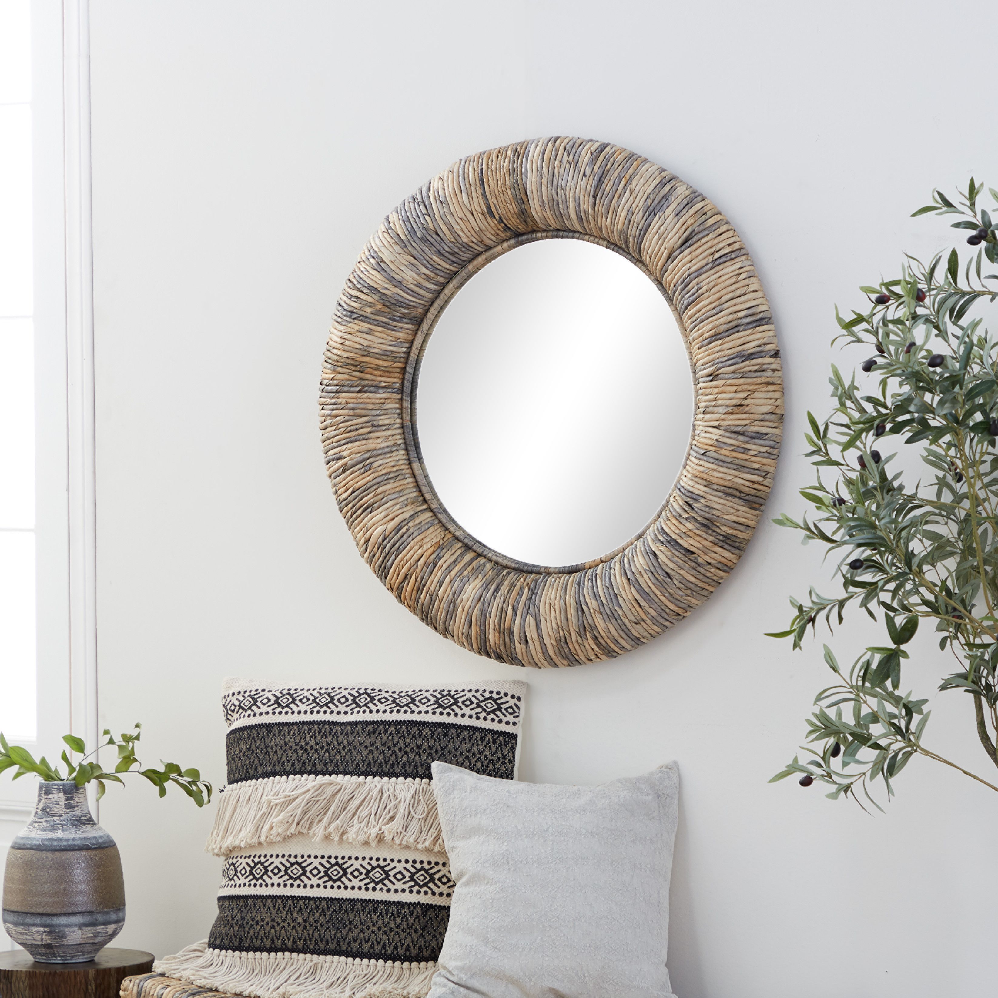 Grey Teak Wood Coastal Style Wall Mirror 35 x 35 x 3