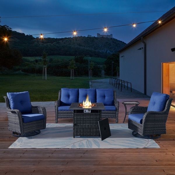 Outdoor Wicker 3Seat Sofa with Fire Pit Table Swivel Chiar Table