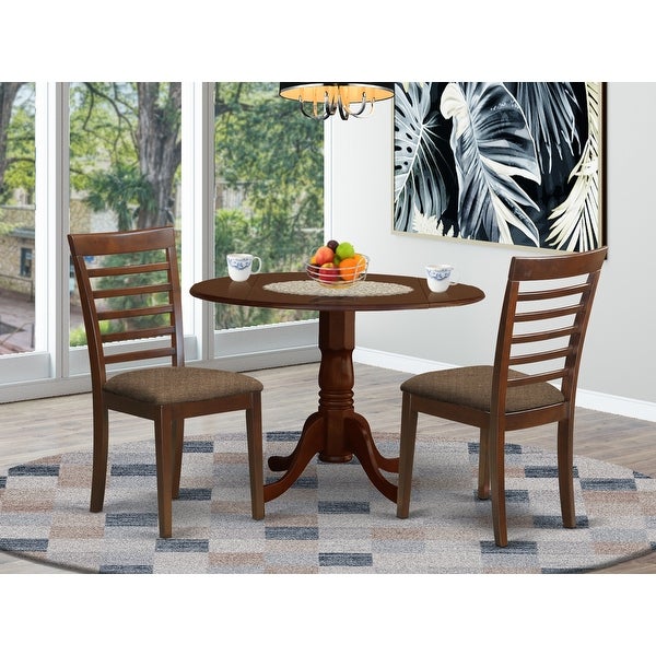 3 PC small Kitchen Set- Round Dining Table and 2 Parson Chairs in Linen Fabric - Mahogany Finish