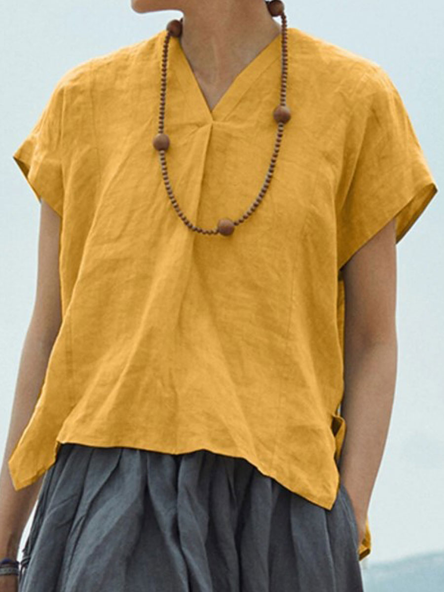 V-neck Casual Loose Solid Color Short-sleeved Blouse