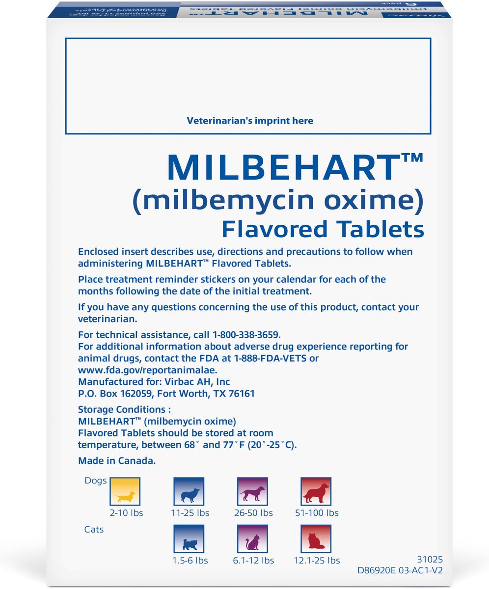 Milbehart Flavored Tablets for Dogs， 11-25 lbs， and Cats， 1.5-6 lbs， (Blue Box)