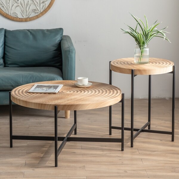 Modern Thread Design Round Coffee Table with Concentric Circular Pattern， MDF Table Top with Cross Legs Metal Base