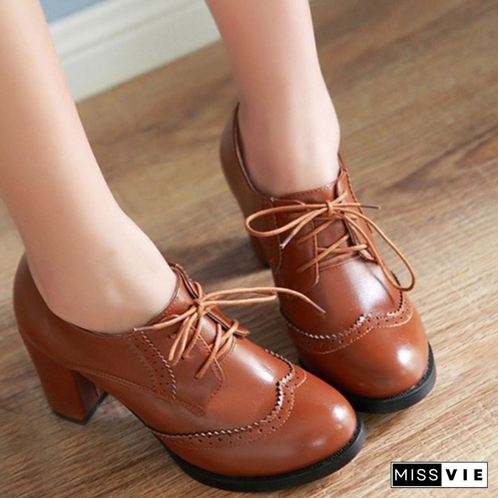 Autumn Vintage Lace Up Women Pumps Cut Out Oxford Shoes Chunky Heel Patent Leather High Heels Lady Ankle Boots