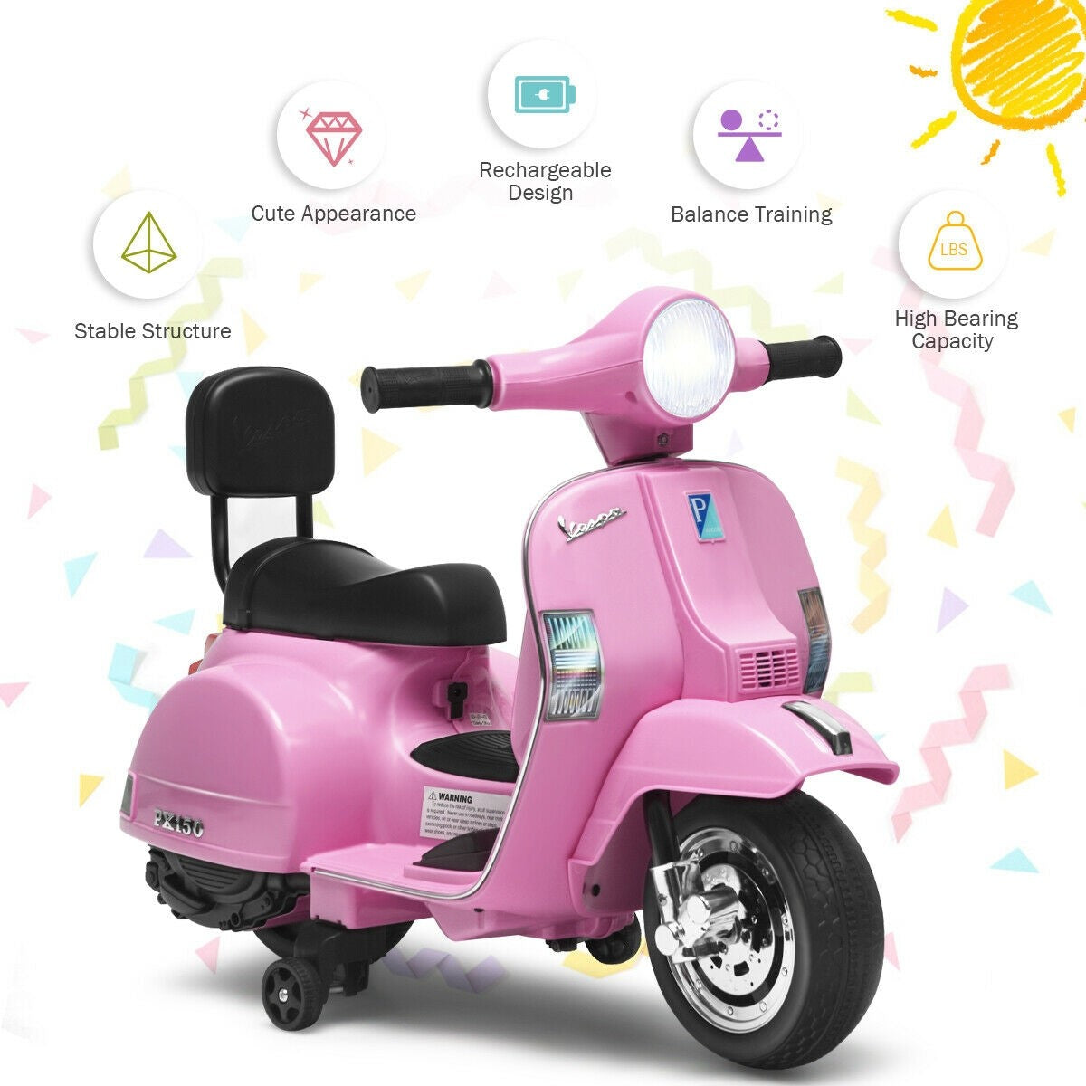 Costzon Kids Vespa Scooter, 6V Battery Powered Ride on Motorcycle w/ Training Wheels