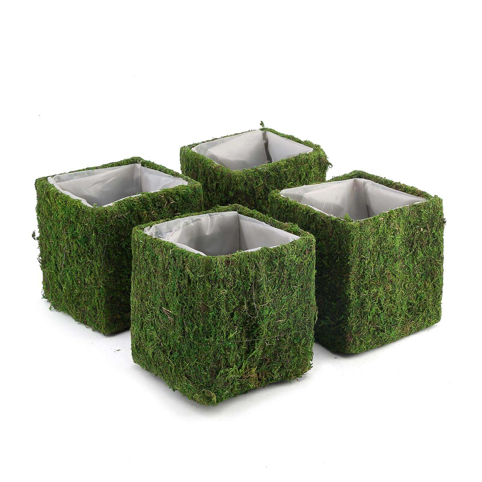 4 Pack Green Preserved Moss Covered Square Planter Boxes, Flower Baskets with Inner Lining 6