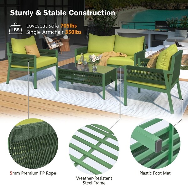 4Pieces Rope Outdoor Furniture Set with Glass Table